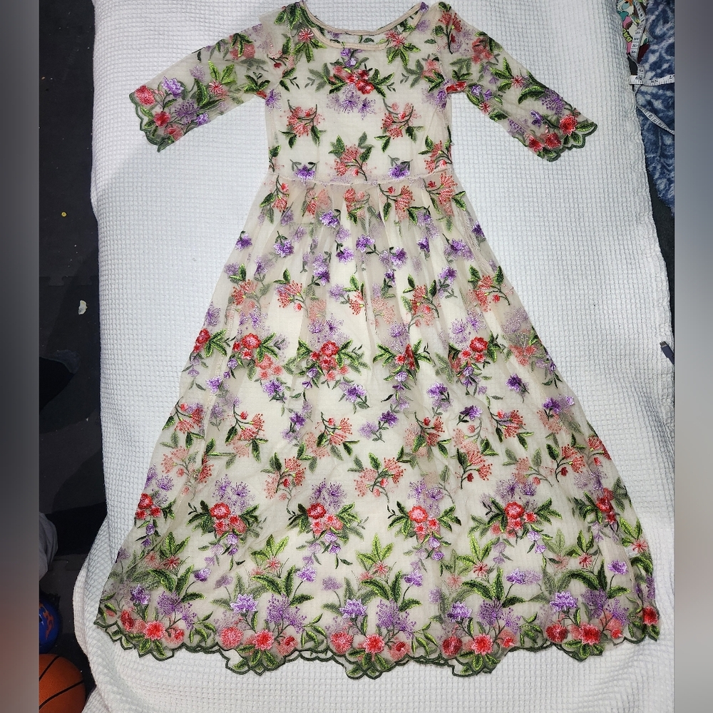 Floral Embroidered Dress Sheer Kid's Size S